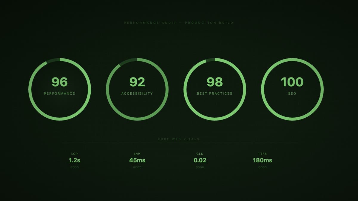Engineer reviewing Lighthouse scores, Core Web Vitals, and deployment configuration